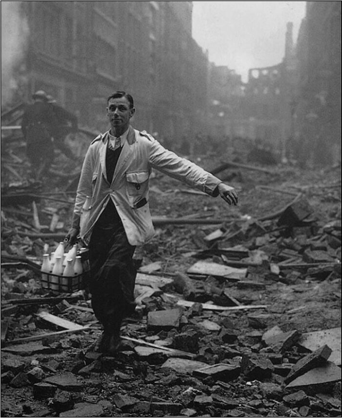 Milkman Delivery During London Blitz, 1940